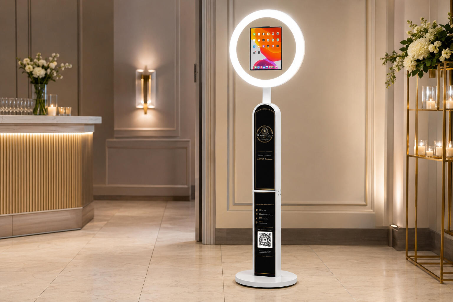 Flash Drop-Off Flash & Flair self-service digital photo booth with a white LED ring light