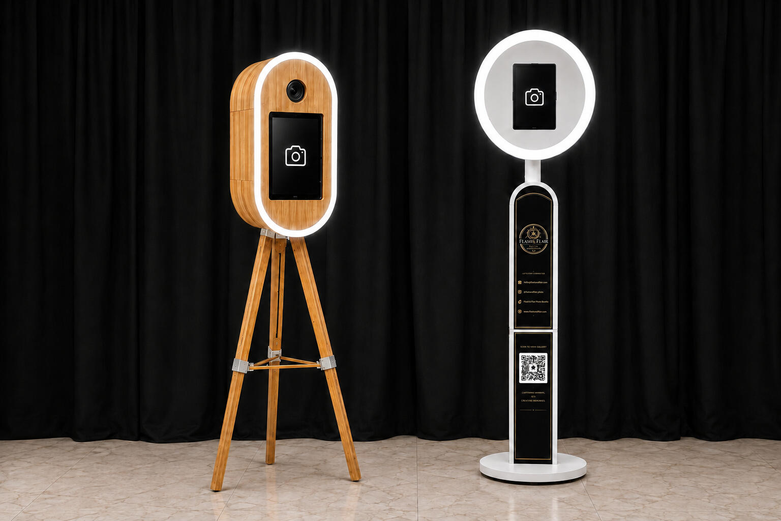 Two-booth image Flash & Flair wooden and white digital photo booths with white LED lighting